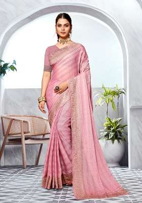 Pink Embroidered Silk Blend Saree Set for Diwali and Festive Wear