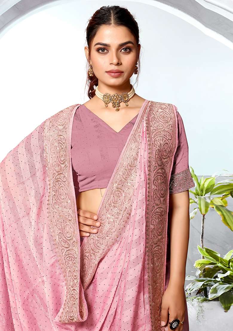 Pink Embroidered Silk Blend Saree Set for Diwali and Festive Wear - Indya