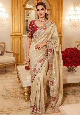 Cream Embroidered Silk Blend Saree Set