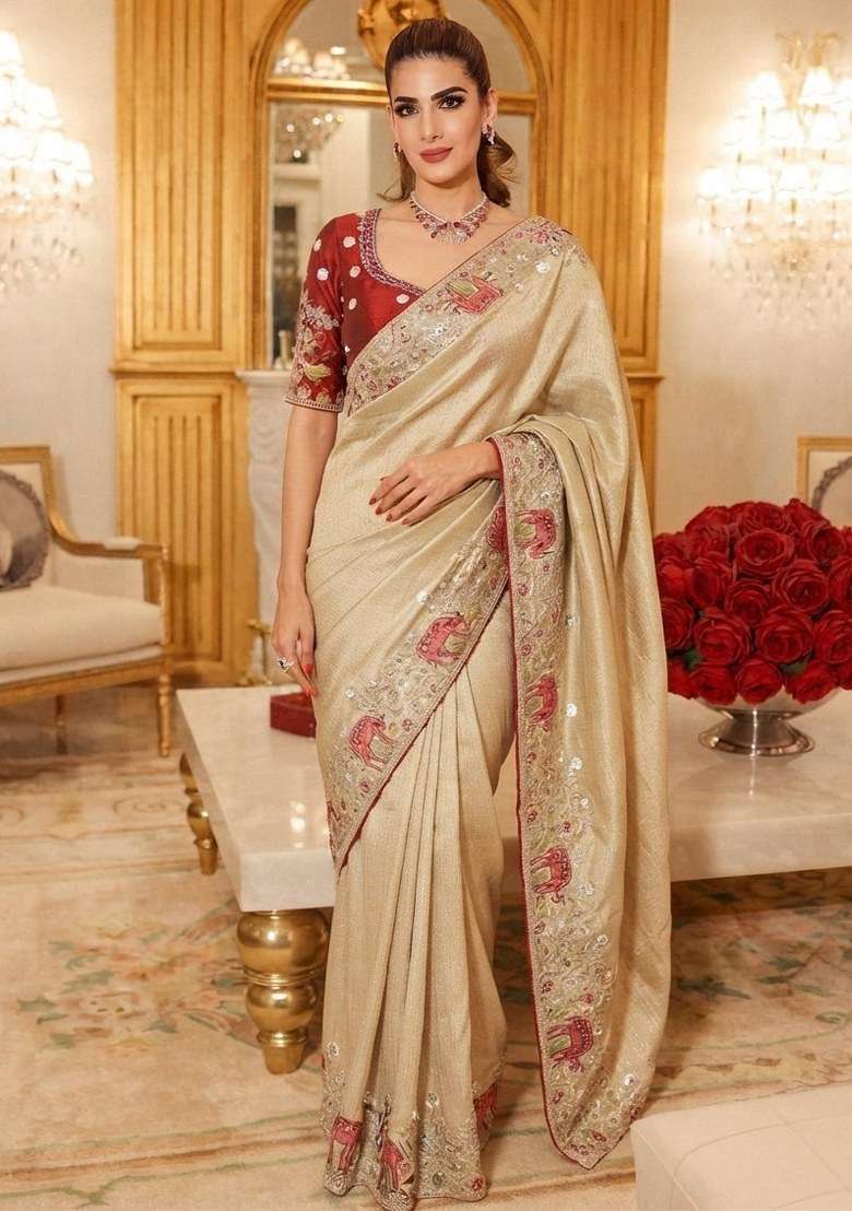 Cream Embroidered Silk Blend Saree Set - Indya