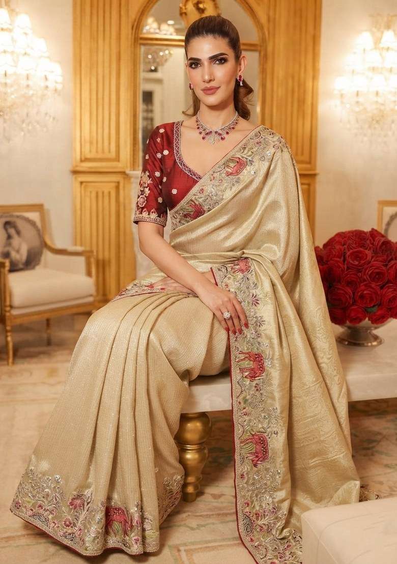 Cream Embroidered Silk Blend Saree Set - Indya