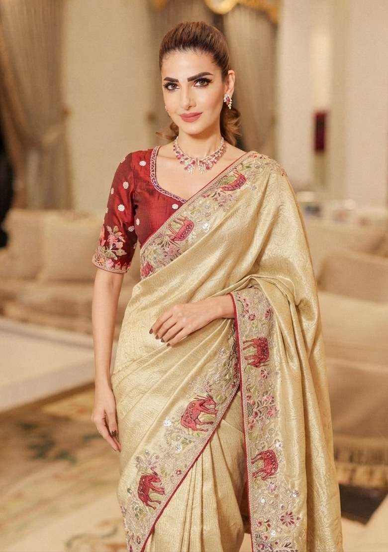 Cream Embroidered Silk Blend Saree Set - Indya