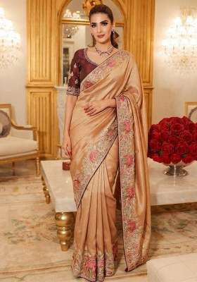 Peach Embroidered Silk Blend Saree Set