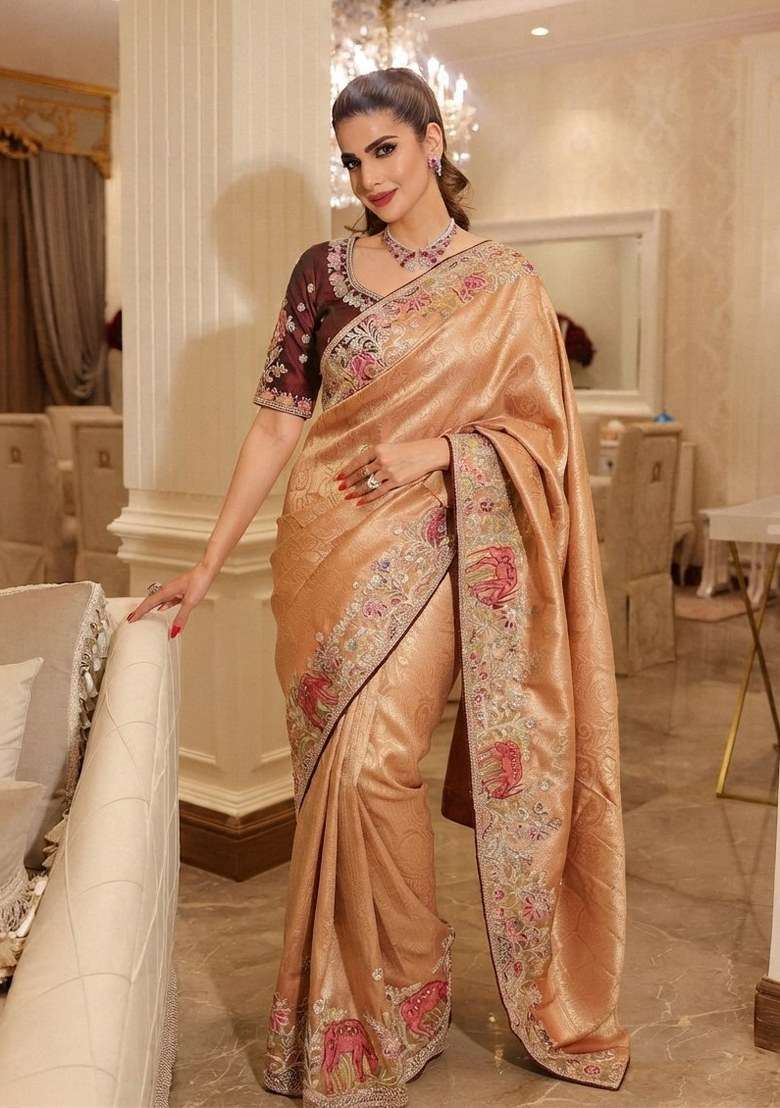 Peach Embroidered Silk Blend Saree Set - Indya