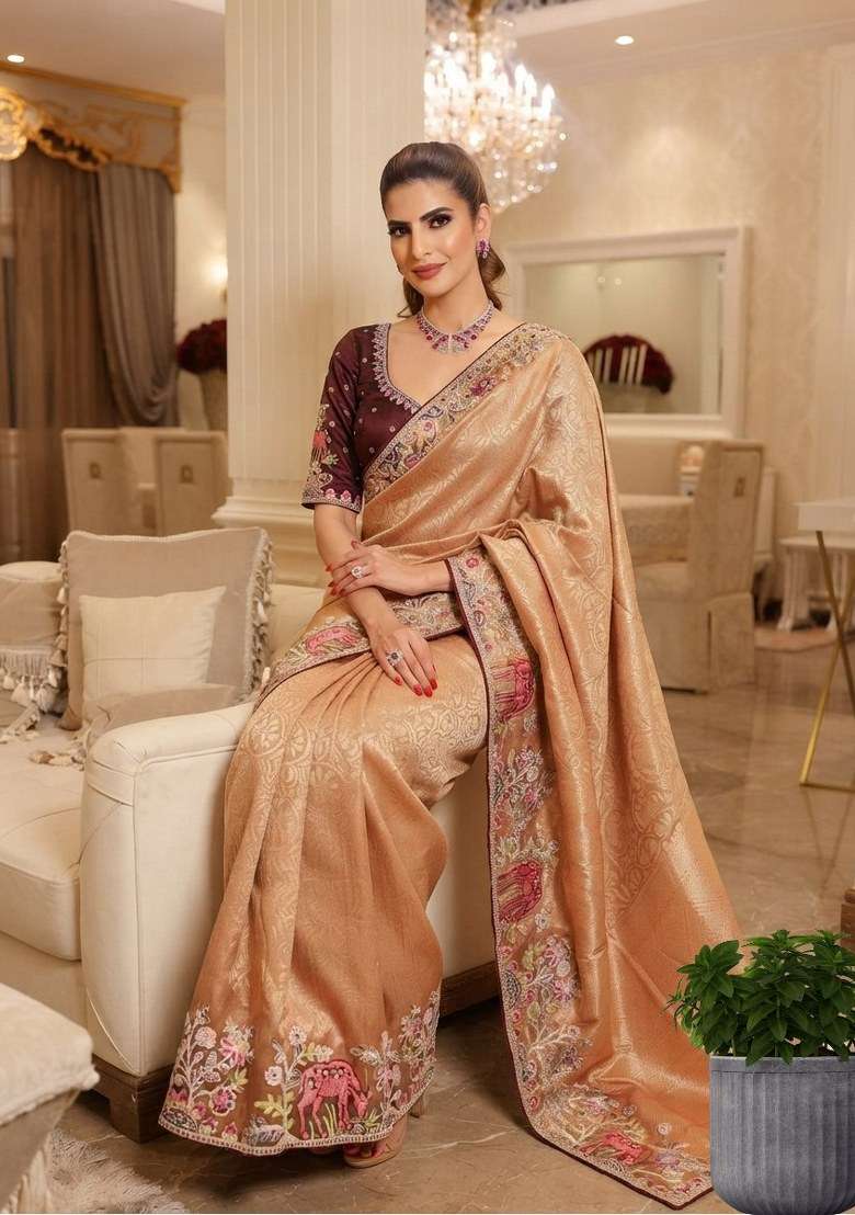Peach Embroidered Silk Blend Saree Set - Indya