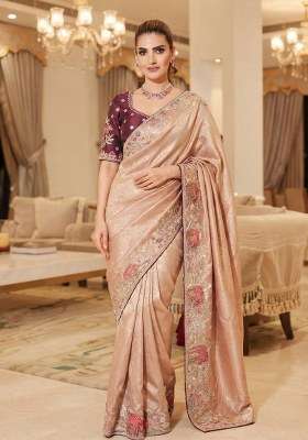 Pink Embroidered Silk Blend Saree Set