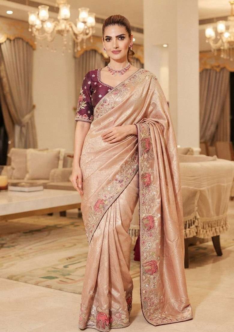 Pink Embroidered Silk Blend Saree Set - Indya