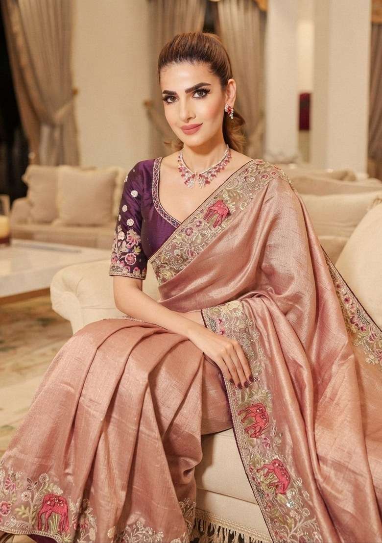 Pink Embroidered Silk Blend Saree Set - Indya