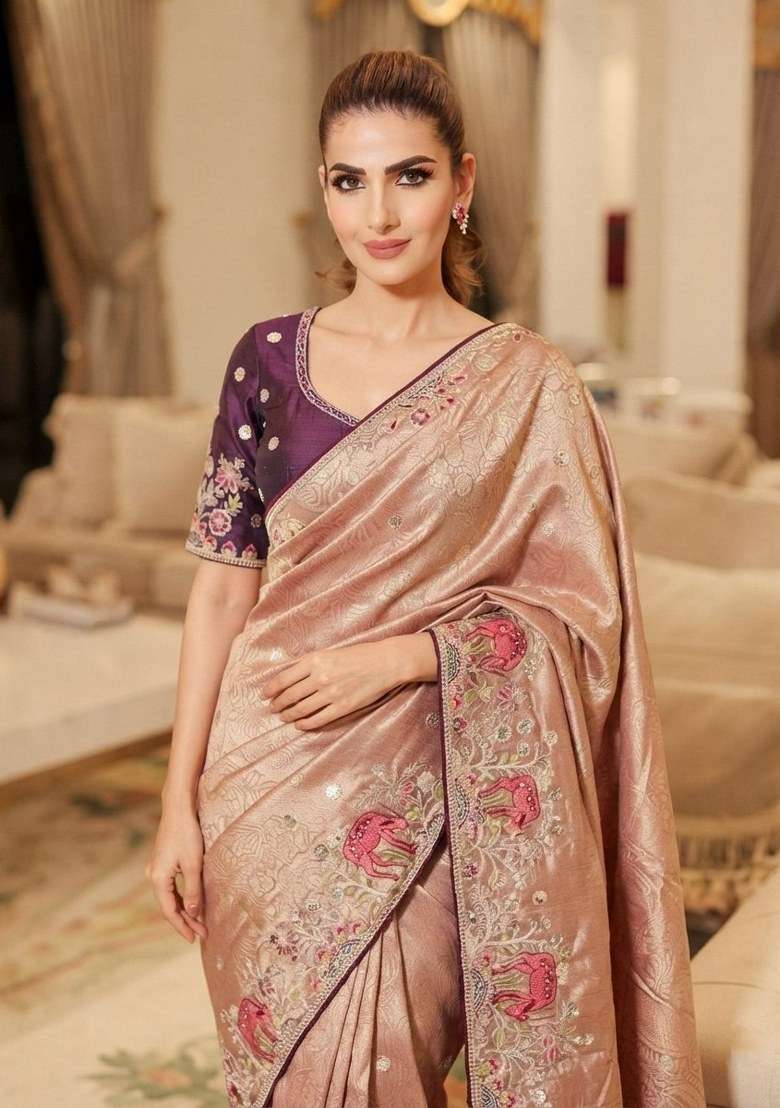 Pink Embroidered Silk Blend Saree Set - Indya