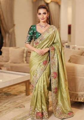 Pista Green Embroidered Silk Blend Saree Set