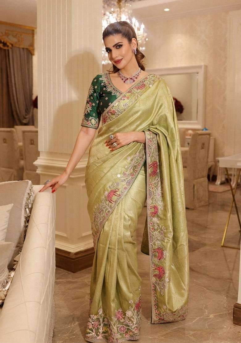 Pista Green Embroidered Silk Blend Saree Set - Indya