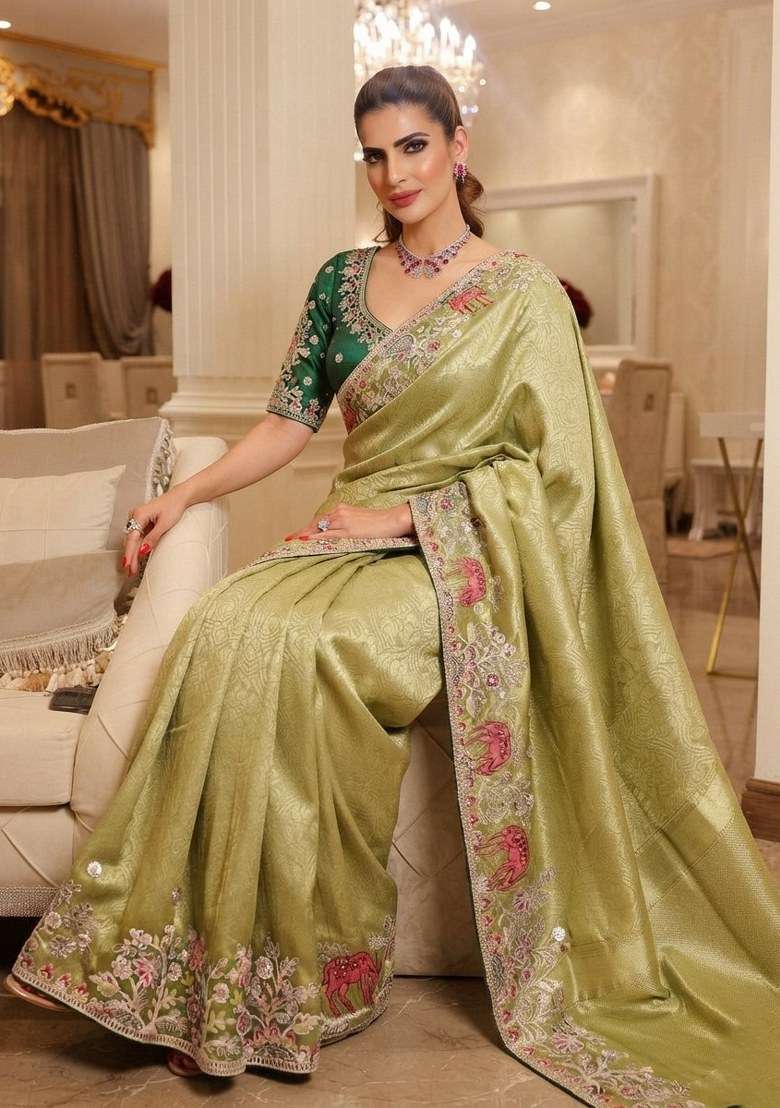 Pista Green Embroidered Silk Blend Saree Set - Indya