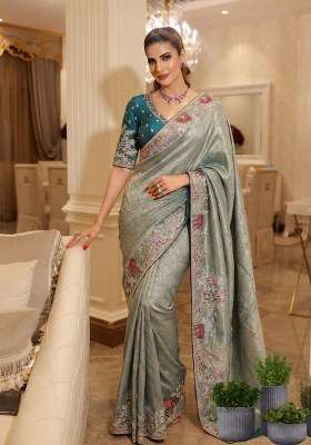 Sky Blue Embroidered Silk Blend Saree Set