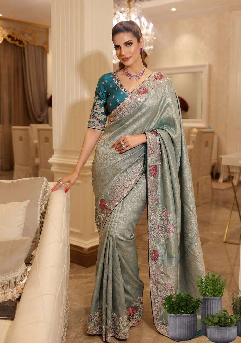 Sky Blue Embroidered Silk Blend Saree Set - Indya