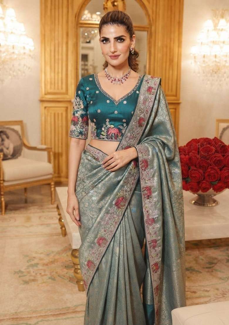 Sky Blue Embroidered Silk Blend Saree Set - Indya