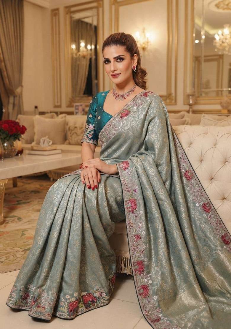 Sky Blue Embroidered Silk Blend Saree Set - Indya
