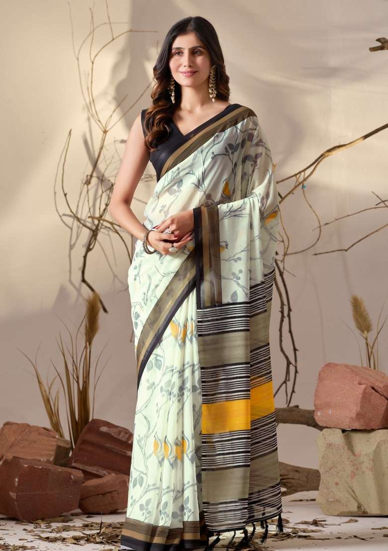 White Georgette Saree Set with Printed for Diwali | Wedding & Festive Wear - Indya