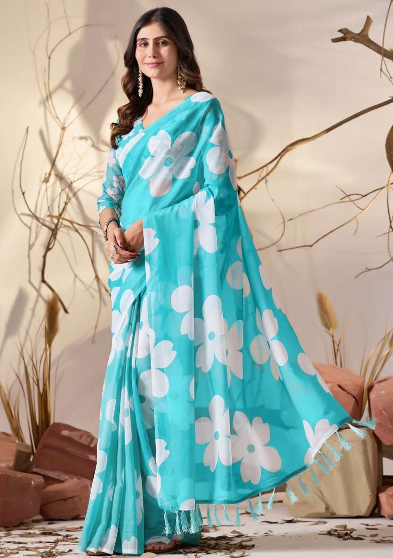 Sky Blue Georgette Saree Set with Printed for Diwali | Wedding & Festive Wear - Indya