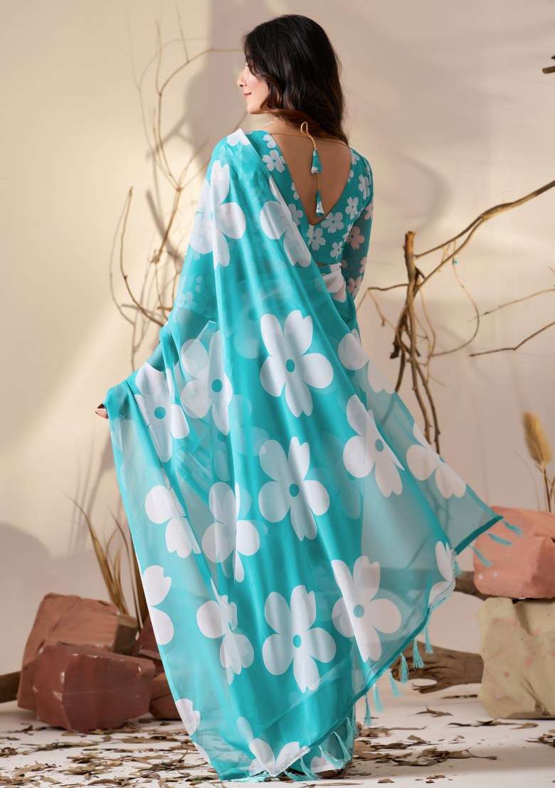 Sky Blue Georgette Saree Set with Printed for Diwali | Wedding & Festive Wear - Indya