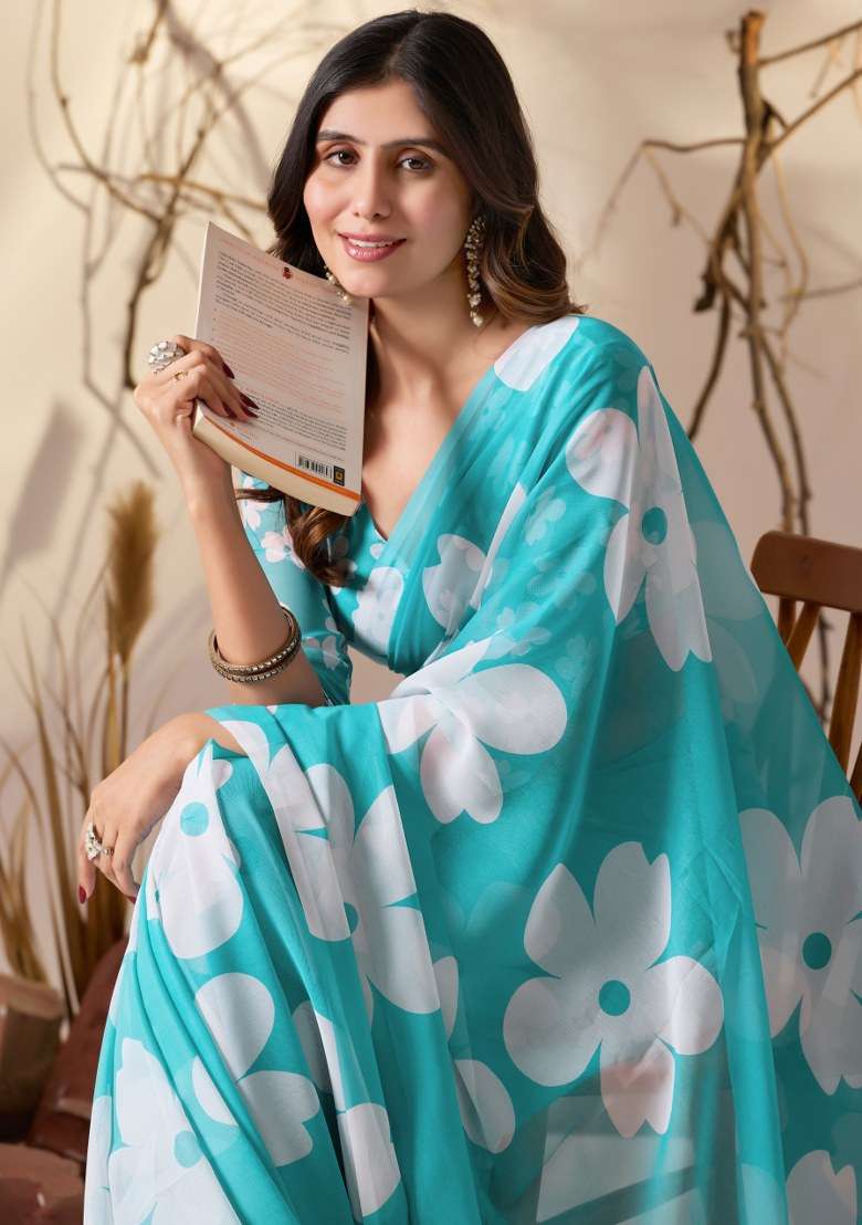 Sky Blue Georgette Saree Set with Printed for Diwali | Wedding & Festive Wear - Indya