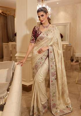 Cream Embroidered Silk Blend Saree Set