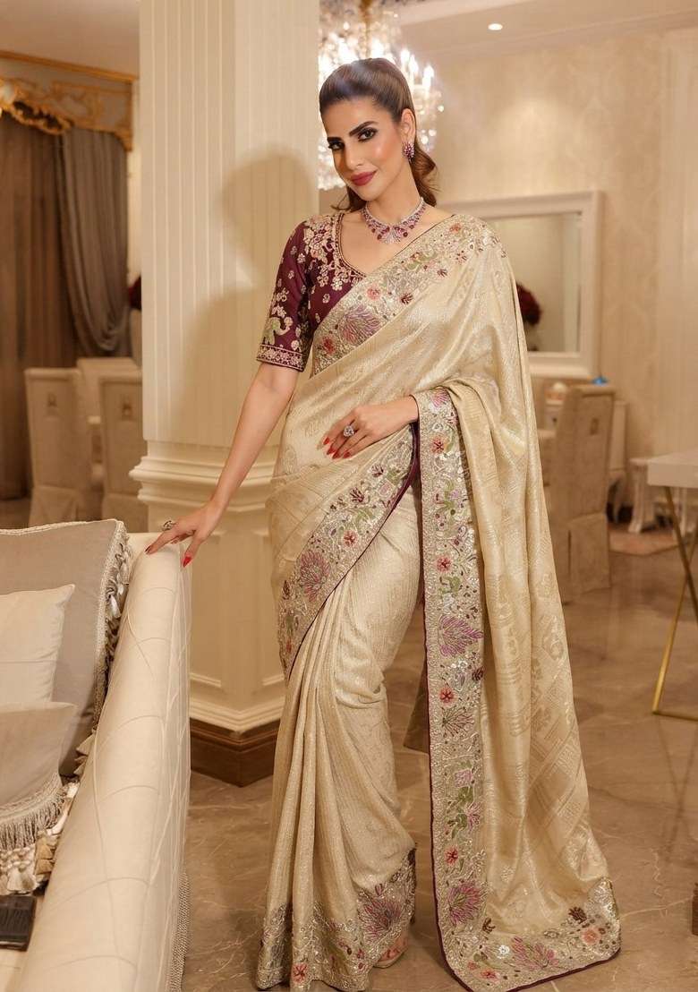 Cream Embroidered Silk Blend Saree Set - Indya