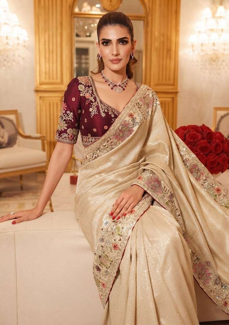 Cream Embroidered Silk Blend Saree Set - Indya