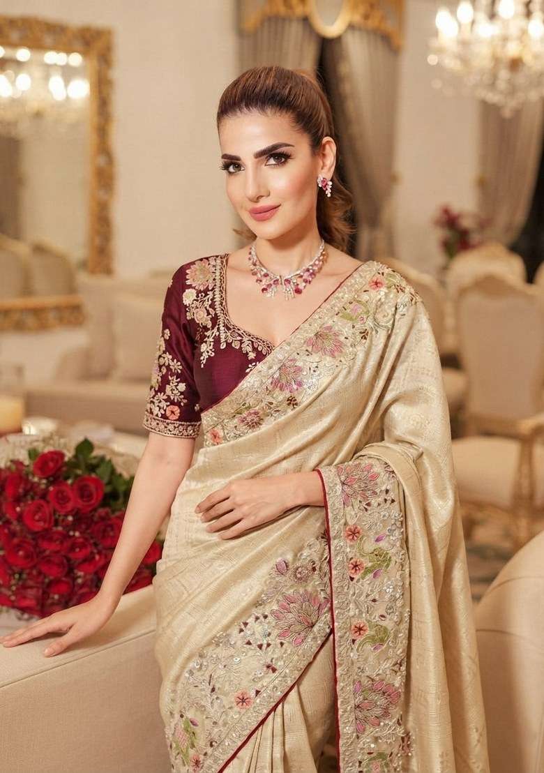 Cream Embroidered Silk Blend Saree Set - Indya