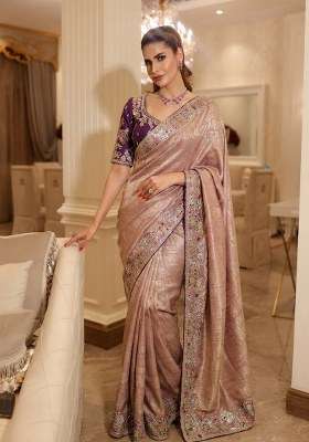 Lavender Embroidered Silk Blend Saree Set