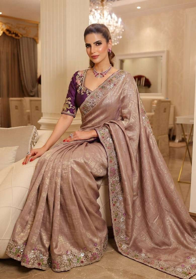 Lavender Embroidered Silk Blend Saree Set - Indya