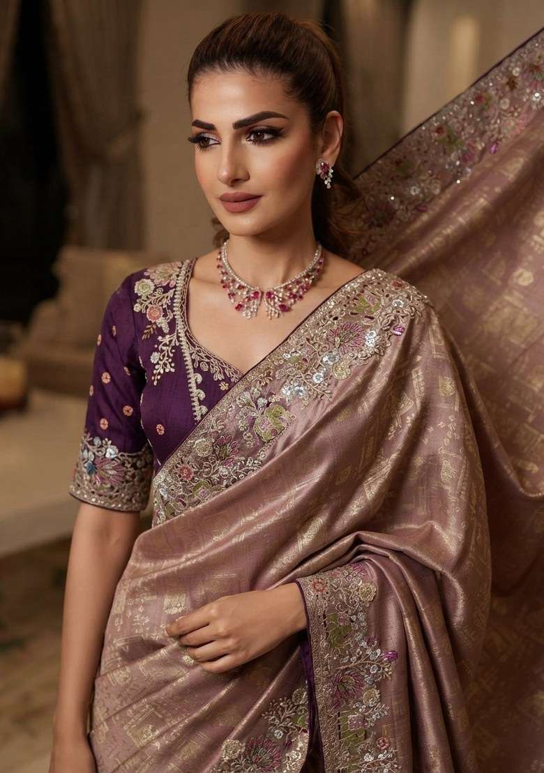 Lavender Embroidered Silk Blend Saree Set - Indya