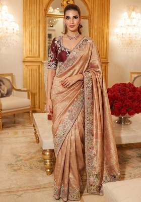 Peach Embroidered Silk Blend Saree Set