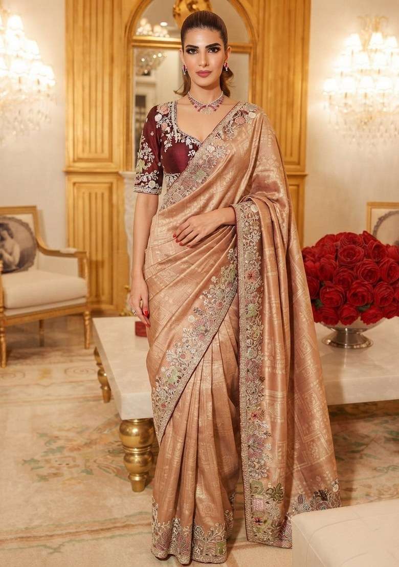 Peach Embroidered Silk Blend Saree Set - Indya