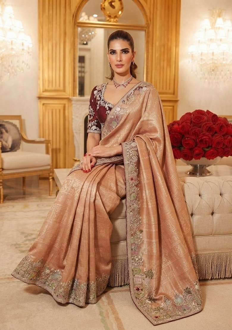 Peach Embroidered Silk Blend Saree Set - Indya