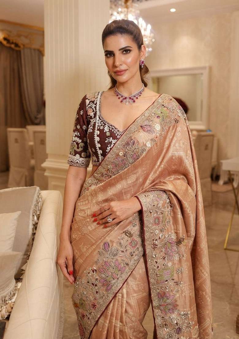 Peach Embroidered Silk Blend Saree Set - Indya