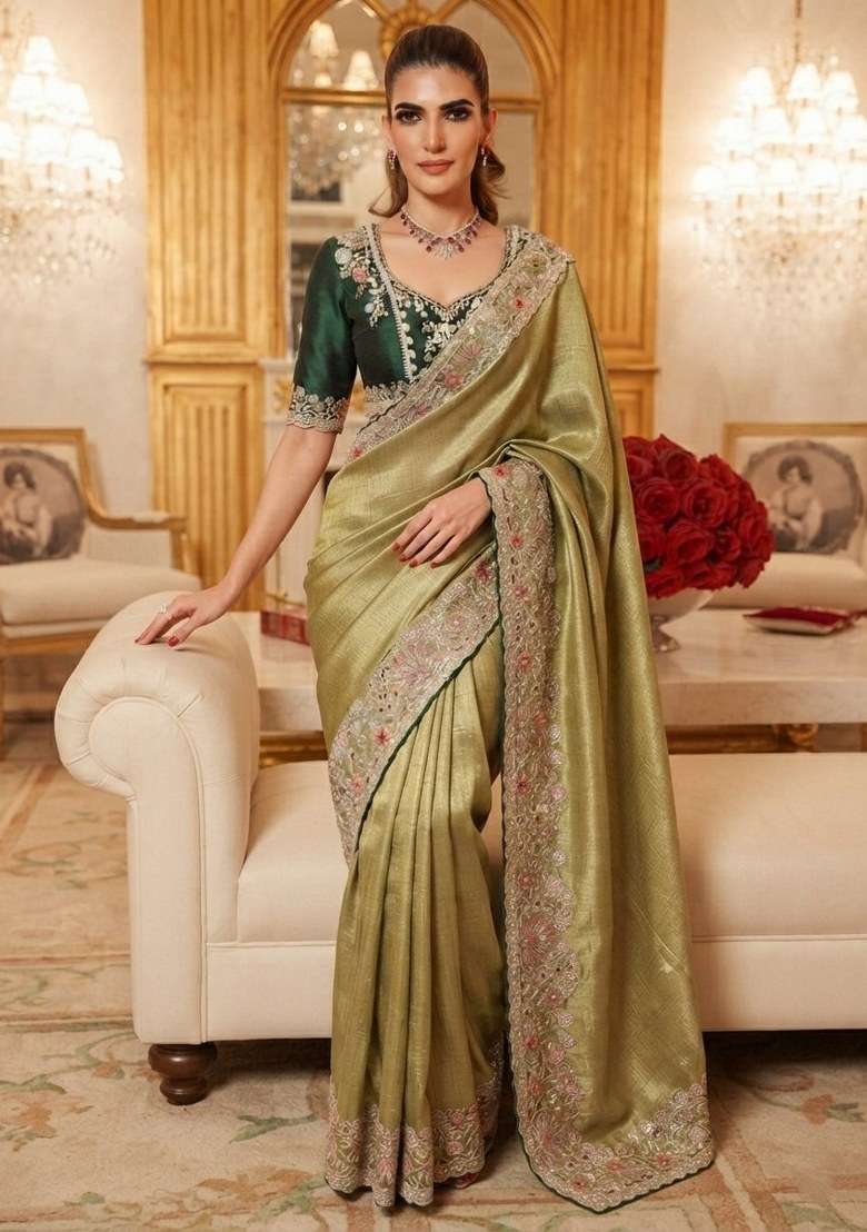 Pista Green Embroidered Silk Blend Saree Set - Indya
