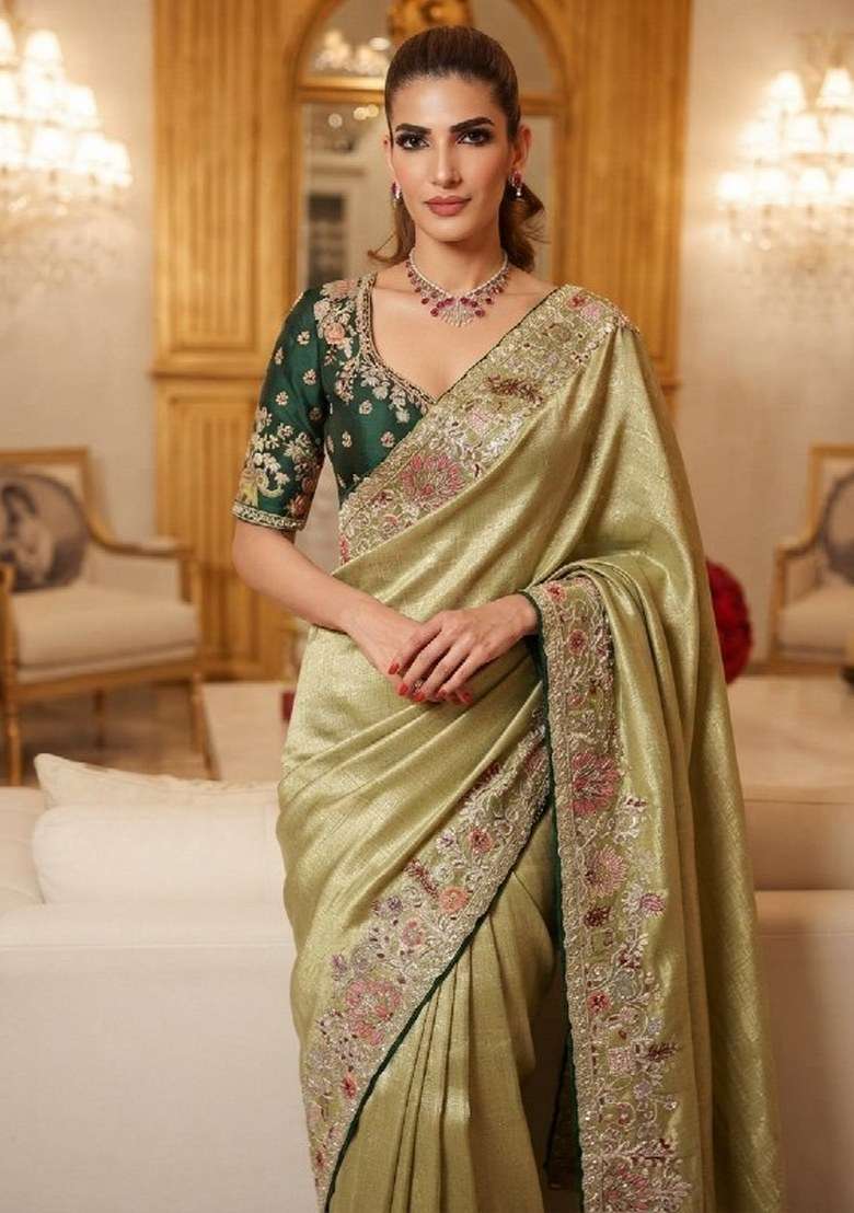 Pista Green Embroidered Silk Blend Saree Set - Indya