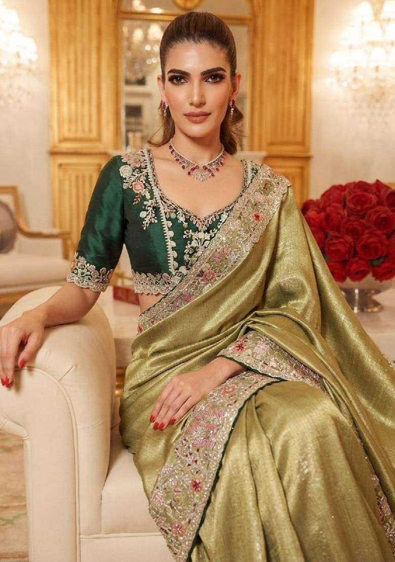 Pista Green Embroidered Silk Blend Saree Set - Indya