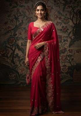 Pink Chiffon Satin Saree Set with Embroidered for Diwali | Wedding & Festive Wear