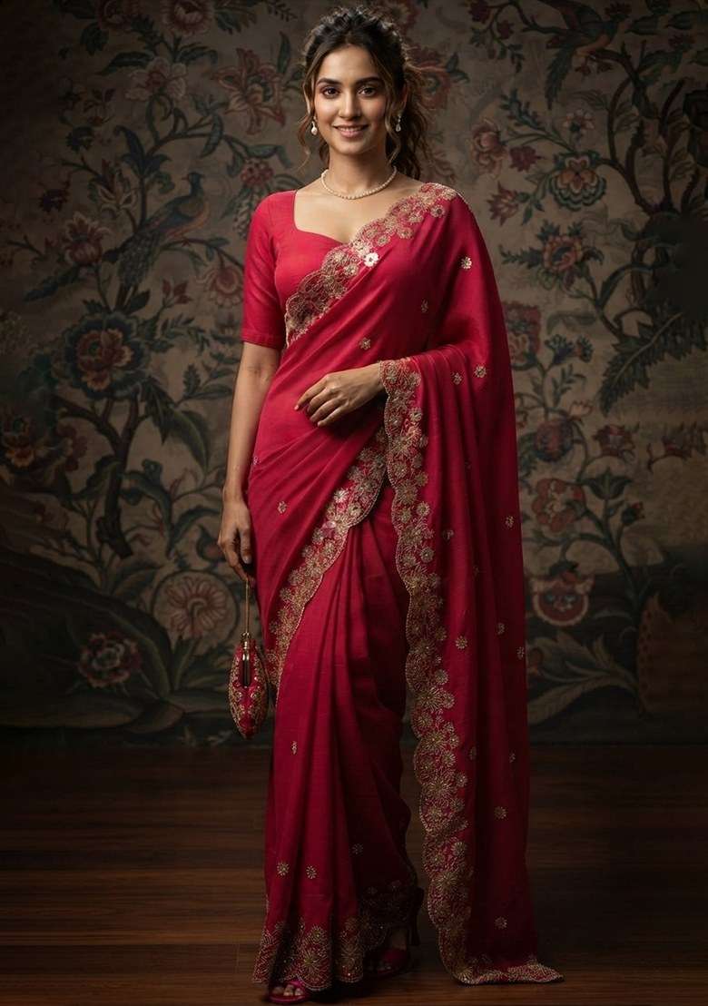 Pink Chiffon Satin Saree Set with Embroidered for Diwali | Wedding & Festive Wear - Indya