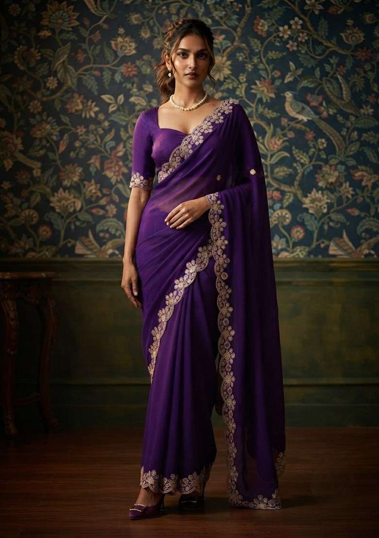 Purple Embroidered Satin Chiffon Saree Set for Diwali and Festive Wear - Indya