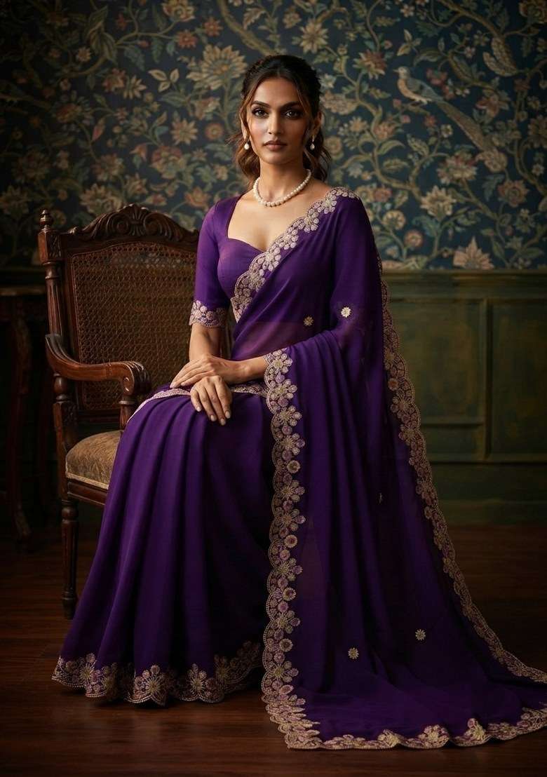 Purple Embroidered Satin Chiffon Saree Set for Diwali and Festive Wear - Indya