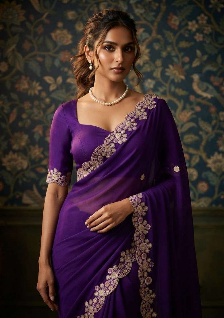 Purple Embroidered Satin Chiffon Saree Set for Diwali and Festive Wear - Indya