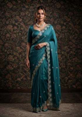 Rama Green Chiffon Satin Saree Set with Embroidered for Diwali | Wedding & Festive Wear
