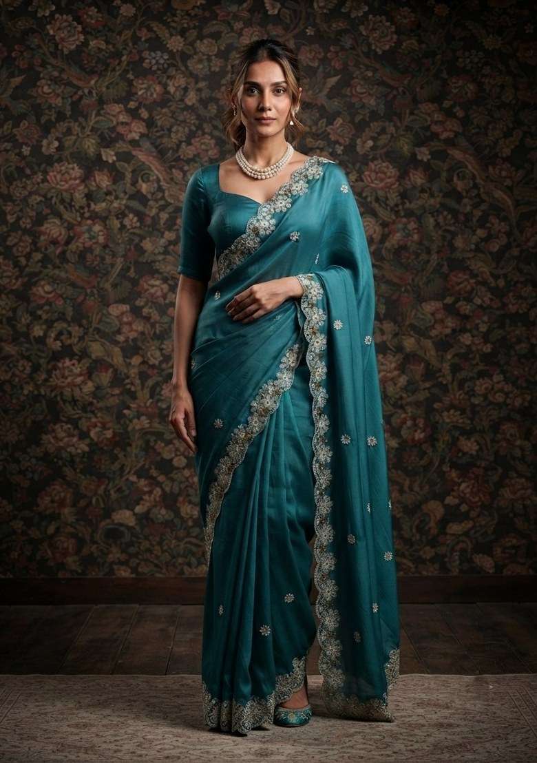 Rama Green Chiffon Satin Saree Set with Embroidered for Diwali | Wedding & Festive Wear - Indya