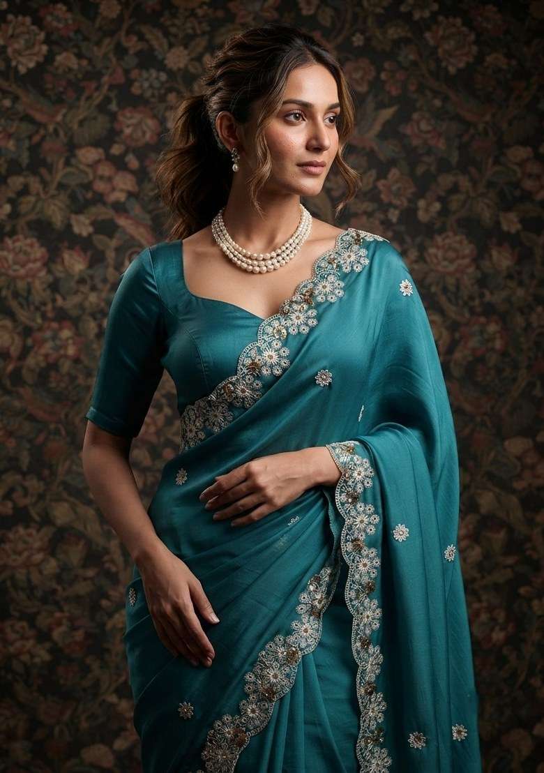 Rama Green Chiffon Satin Saree Set with Embroidered for Diwali | Wedding & Festive Wear - Indya