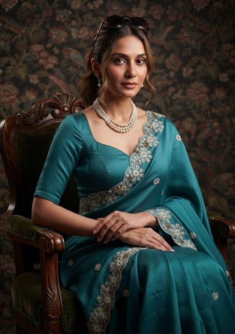 Rama Green Chiffon Satin Saree Set with Embroidered for Diwali | Wedding & Festive Wear - Indya