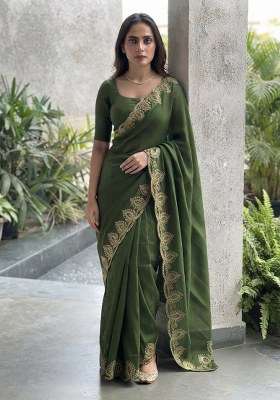 Mehendi Green Chiffon Satin Saree Set with Embroidered for Diwali | Wedding & Festive Wear