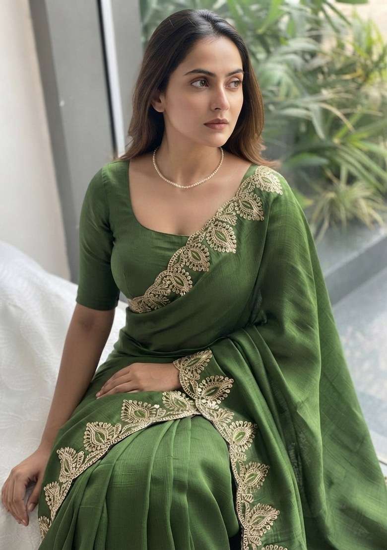 Mehendi Green Chiffon Satin Saree Set with Embroidered for Diwali | Wedding & Festive Wear - Indya