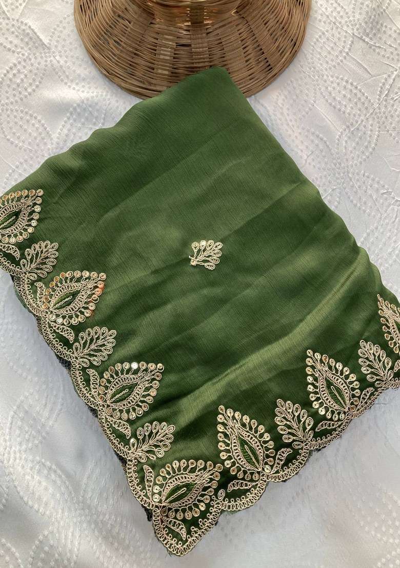 Mehendi Green Chiffon Satin Saree Set with Embroidered for Diwali | Wedding & Festive Wear - Indya